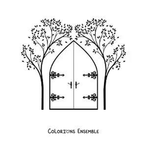 Image à colorier d’une porte avec deux arbres de chaque côté