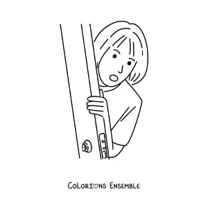 Image à colorier d’une fille qui se penche derrière une porte