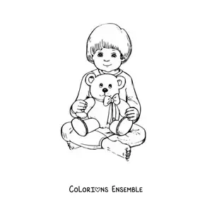 Image à colorier d’un garçon assis serrant un ours en peluche