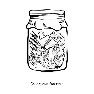 Image à colorier de morceaux de brocoli dans un bocal en verre réaliste