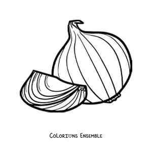 Image à colorier d’un gros oignon entier et d’un morceau