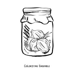 Image à colorier d’un bocal en verre avec des oignons