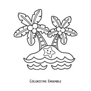Image à colorier d'une île kawaii avec 2 palmiers et une étoile de mer souriante