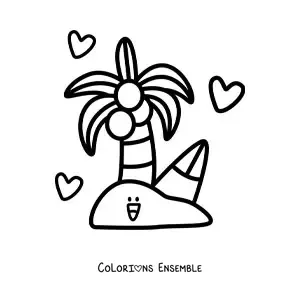 Image à colorier d'une île animée kawaii avec un palmier et des cœurs en arrière-plan