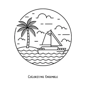 Image à colorier d'une île avec un palmier et un voilier