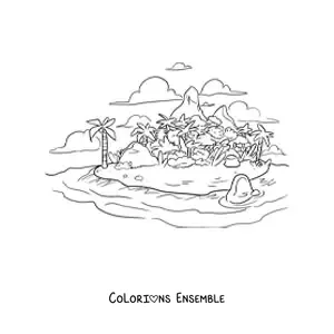 Image à colorier d'une grande île réaliste avec des palmiers et des montagnes