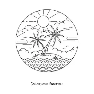 Image à colorier d'une île paradisiaque avec le soleil et 2 palmiers