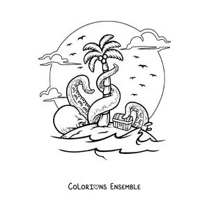 Image à colorier d'une île avec un coffre au trésor et une pieuvre géante qui essaie de le voler
