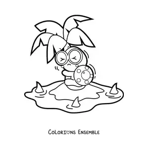Image à colorier d'une tortue kawaii apeurée sur une île entourée de requins