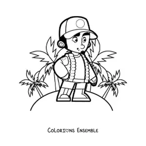 Image à colorier d'un explorateur sur une île tropicale avec des palmiers