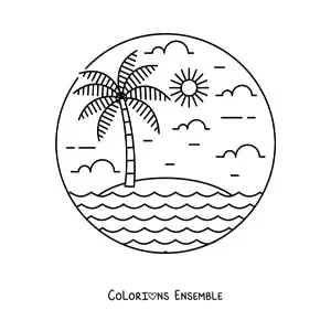 Image à colorier d'une île déserte avec un palmier et le soleil