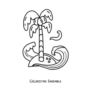 Image à colorier d'une île avec un cocotier et des vagues dans la mer