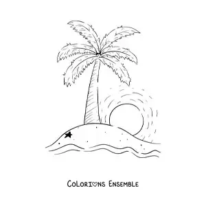 Image à colorier d'un coucher de soleil sur une île avec un palmier