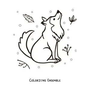 Image à colorier d’un loup kawaii assis regardant vers le haut, entouré de feuilles