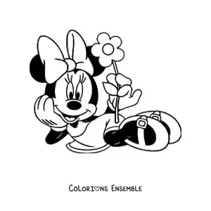 Image à colorier de Minnie allongée tenant une fleur