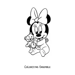 Image à colorier de Minnie bébé kawaii avec un ours en peluche
