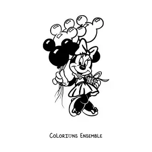 Image à colorier de Minnie avec un cadeau et des ballons d'anniversaire en forme de Mickey