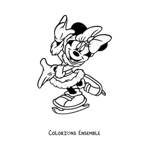 Image à colorier de Minnie en tenue d'hiver patinant à Noël