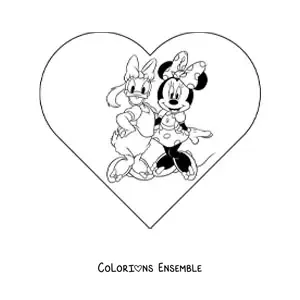 Image à colorier de Minnie et Daisy avec un cœur en arrière-plan