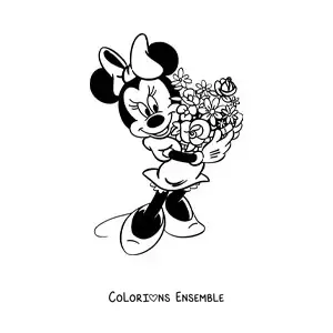 Image à colorier de Minnie avec un bouquet de fleurs
