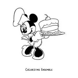 Image à colorier de Minnie cuisinière avec une toque et un gâteau