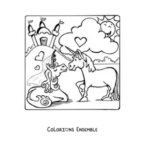 Image à colorier d’une princesse licorne avec un prince licorne et un château en arrière-plan