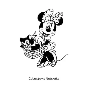 Image à colorier de Minnie portant son chat Figaro dans un panier