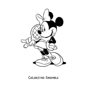 Image à colorier de Minnie en tenue de tenniswoman avec une raquette