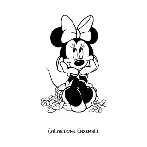 Image à colorier de Minnie assise sur des fleurs, les yeux levés vers la gauche