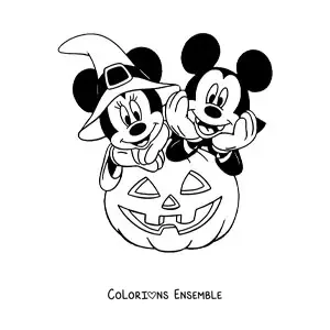 Image à colorier de Minnie et Mickey déguisés pour Halloween à côté d'une grosse citrouille