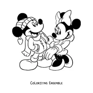 Image à colorier de Minnie et Mickey en tenue d'hiver à Noël