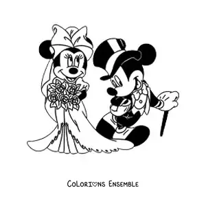 Image à colorier de Minnie en robe de mariée avec un bouquet et de Mickey en costume et chapeau lors de leur mariage