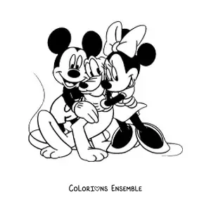 Image à colorier de Minnie et Mickey enlaçant Pluto