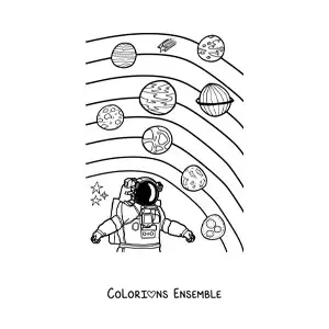 Image à colorier d'un astronaute et des planètes du Système solaire actuel