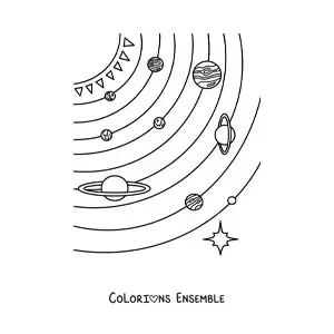 Image à colorier des planètes du Système solaire avec leurs orbites complètes et de Pluton à l'échelle