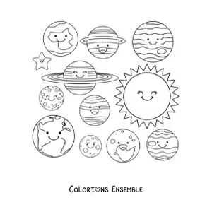 Image à colorier des planètes du Système solaire avec un Soleil kawaii