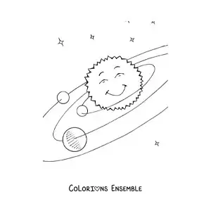 Image à colorier du Système solaire avec un Soleil kawaii