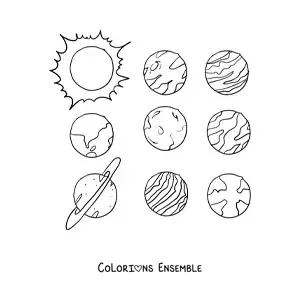 Image à colorier des planètes du Système solaire actuel disposées en rangées