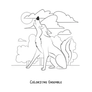 Image à colorier d’un loup rigolo hurlant à la lune