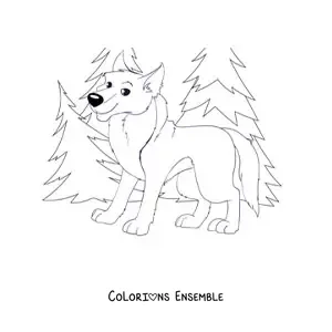 Image à colorier d’un loup rigolo souriant dans une forêt