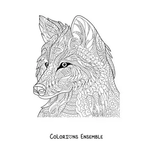 Image à colorier d'un mandala de loup difficile