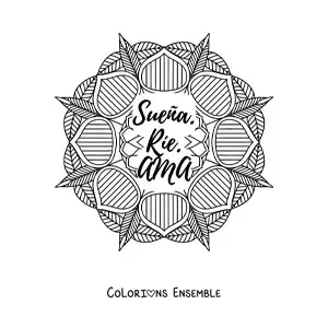 Mandala à colorier avec la phrase « Rêve, ris, aime »