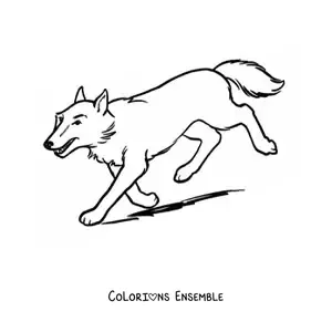 Image à colorier d’un loup qui court vers le bas d’une pente