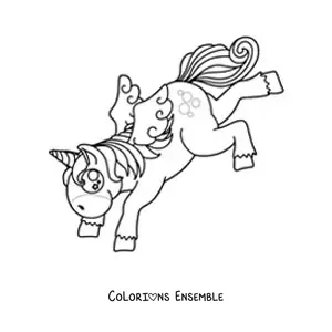 Image à colorier d’une licorne en dessin animé dansant sur ses pattes avant