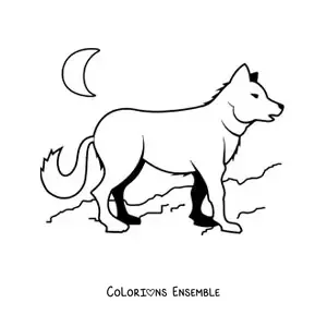 Image à colorier d’un loup avec la lune en arrière-plan