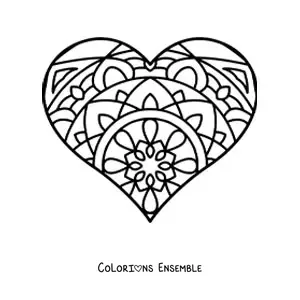 Image à colorier d'un cœur avec un mandala dans le style Zentangle