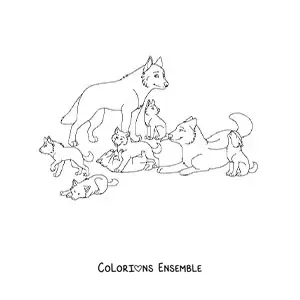 Image à colorier d’une meute de loups rigolos