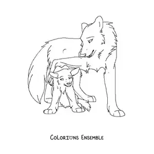 Image à colorier d’un bébé loup avec sa maman