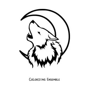 Image à colorier d’une tête de loup hurlant à la lune