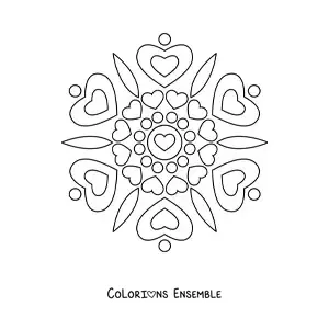 Image à colorier d’un mandala facile décoré de cœurs